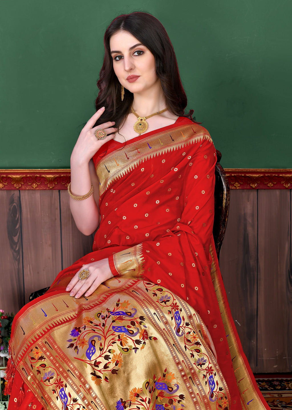 Vedant Vastram Soft Litchi Silk Paithani Silk Saree - Red | Grocsy