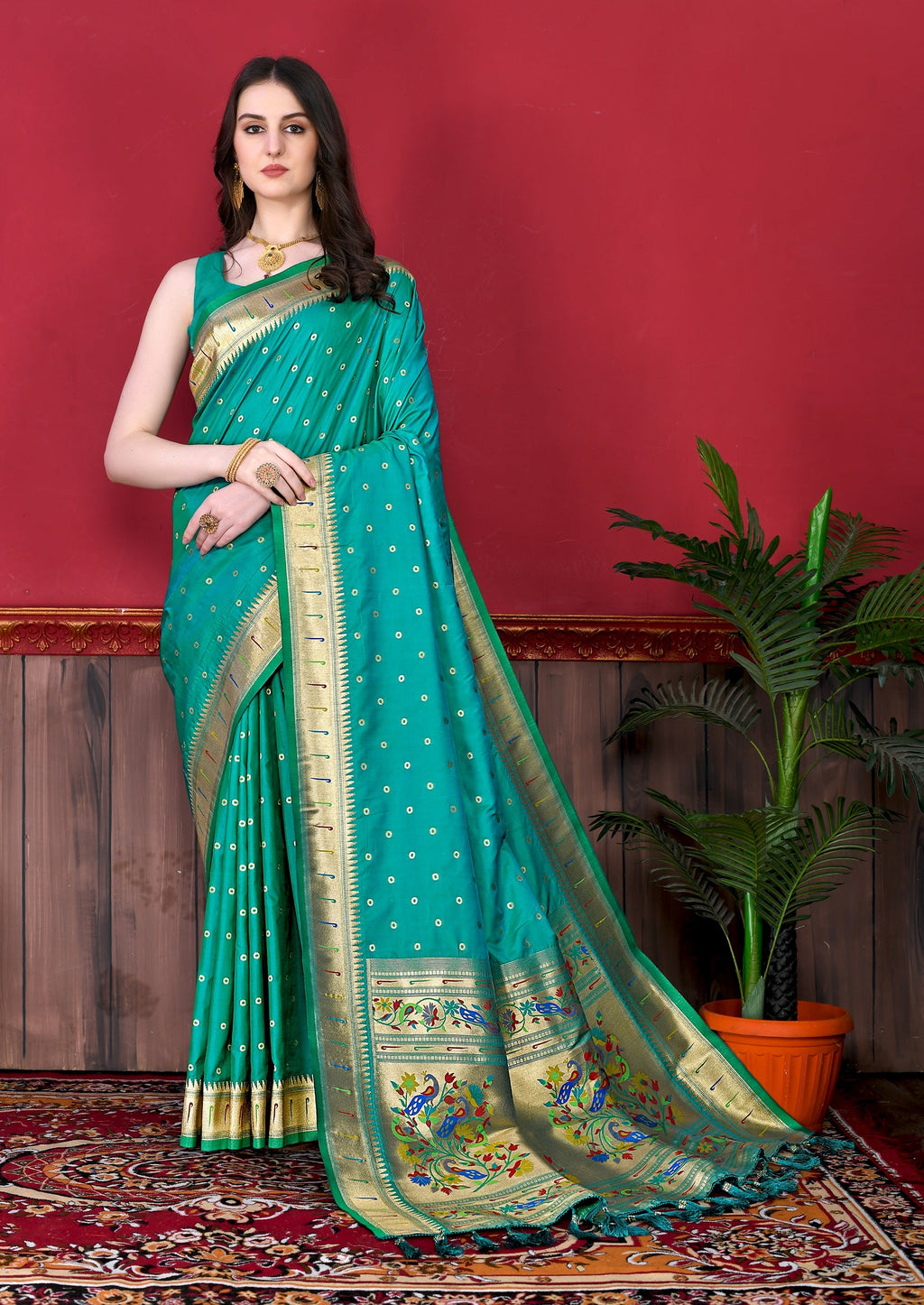 Vedant Vastram Soft Litchi Silk Paithani Silk Saree - Seegreen | Grocsy