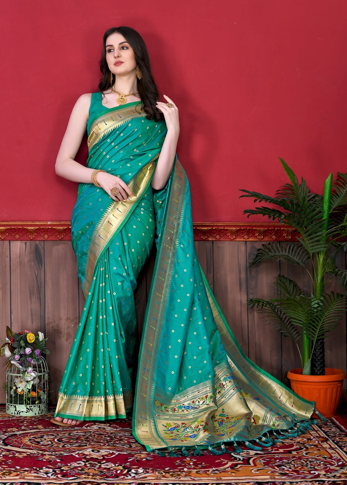 Vedant Vastram Soft Litchi Silk Paithani Silk Saree - Seegreen | Grocsy