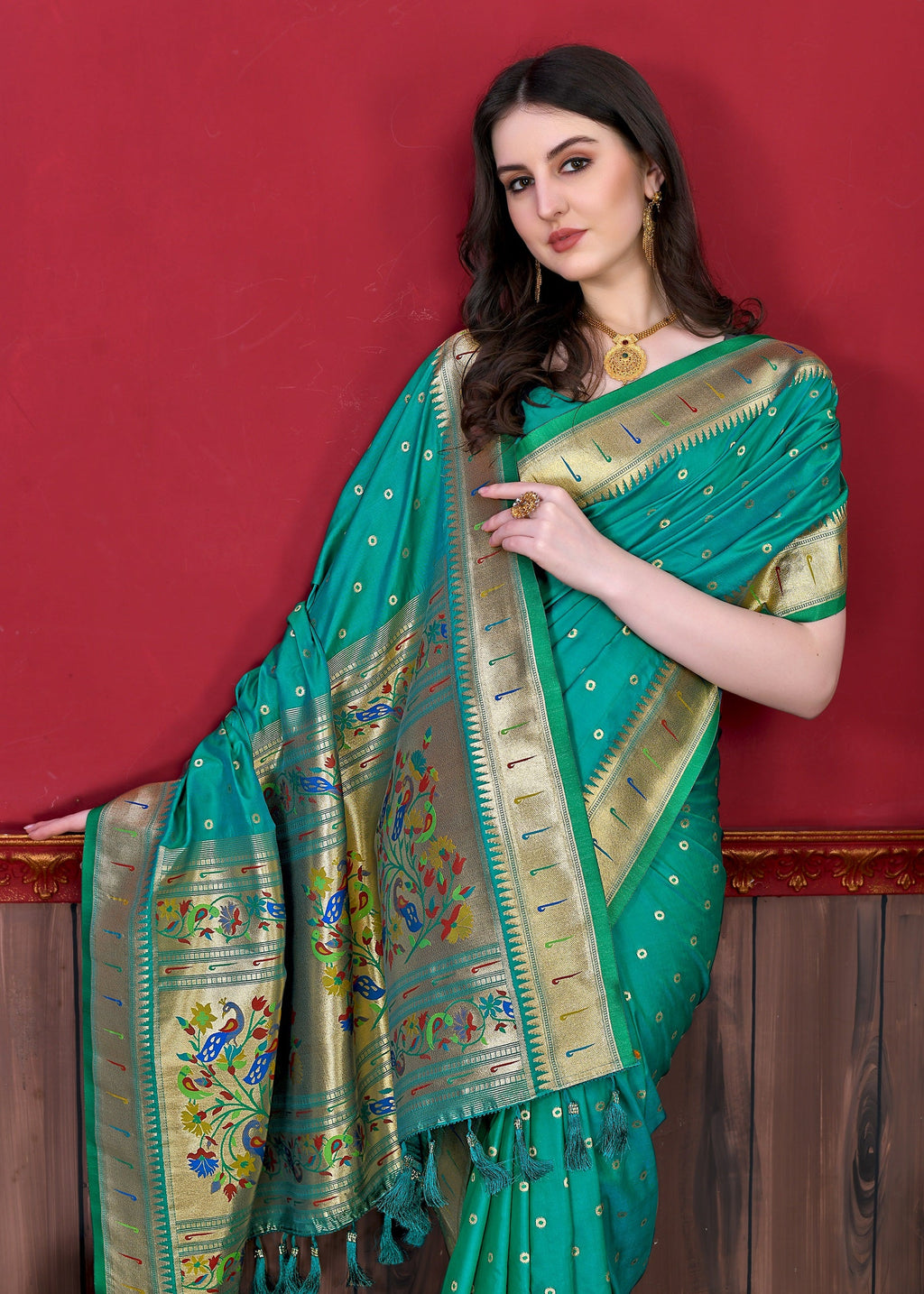 Vedant Vastram Soft Litchi Silk Paithani Silk Saree - Seegreen | Grocsy