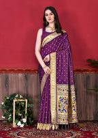 Vedant Vastram Soft Litchi Silk Paithani Silk Saree - Wine | Grocsy