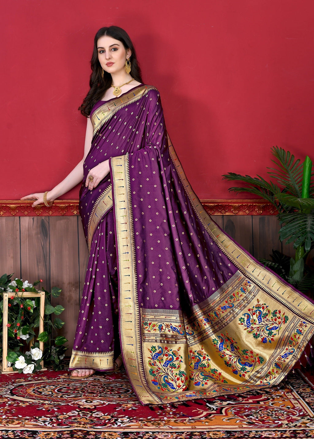 Vedant Vastram Soft Litchi Silk Paithani Silk Saree - Wine | Grocsy