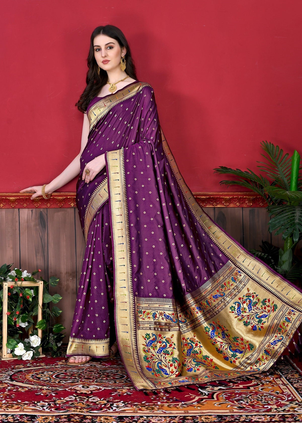 Vedant Vastram Soft Litchi Silk Paithani Silk Saree - Wine | Grocsy