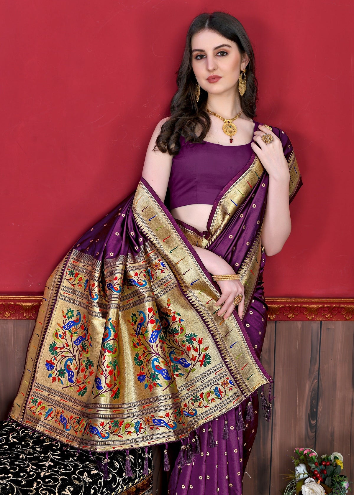 Vedant Vastram Soft Litchi Silk Paithani Silk Saree - Wine | Grocsy