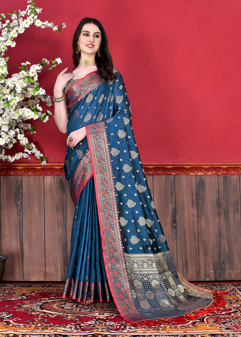 Vedant Vastram Soft Litchi Silk Kanjeevaram Saree - Navy | Grocsy