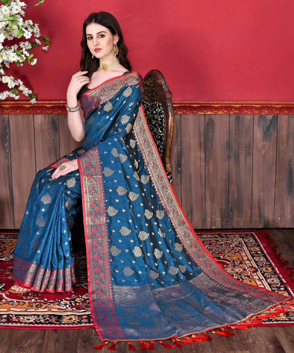 Vedant Vastram Soft Litchi Silk Kanjeevaram Saree - Navy | Grocsy