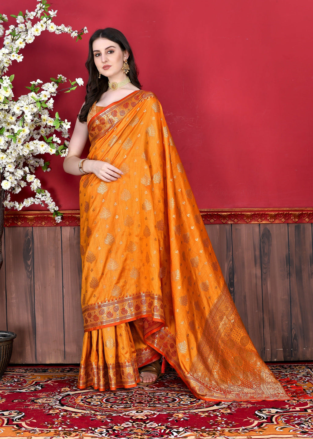 Vedant Vastram Soft Litchi Silk Kanjeevaram Saree - Orange | Grocsy