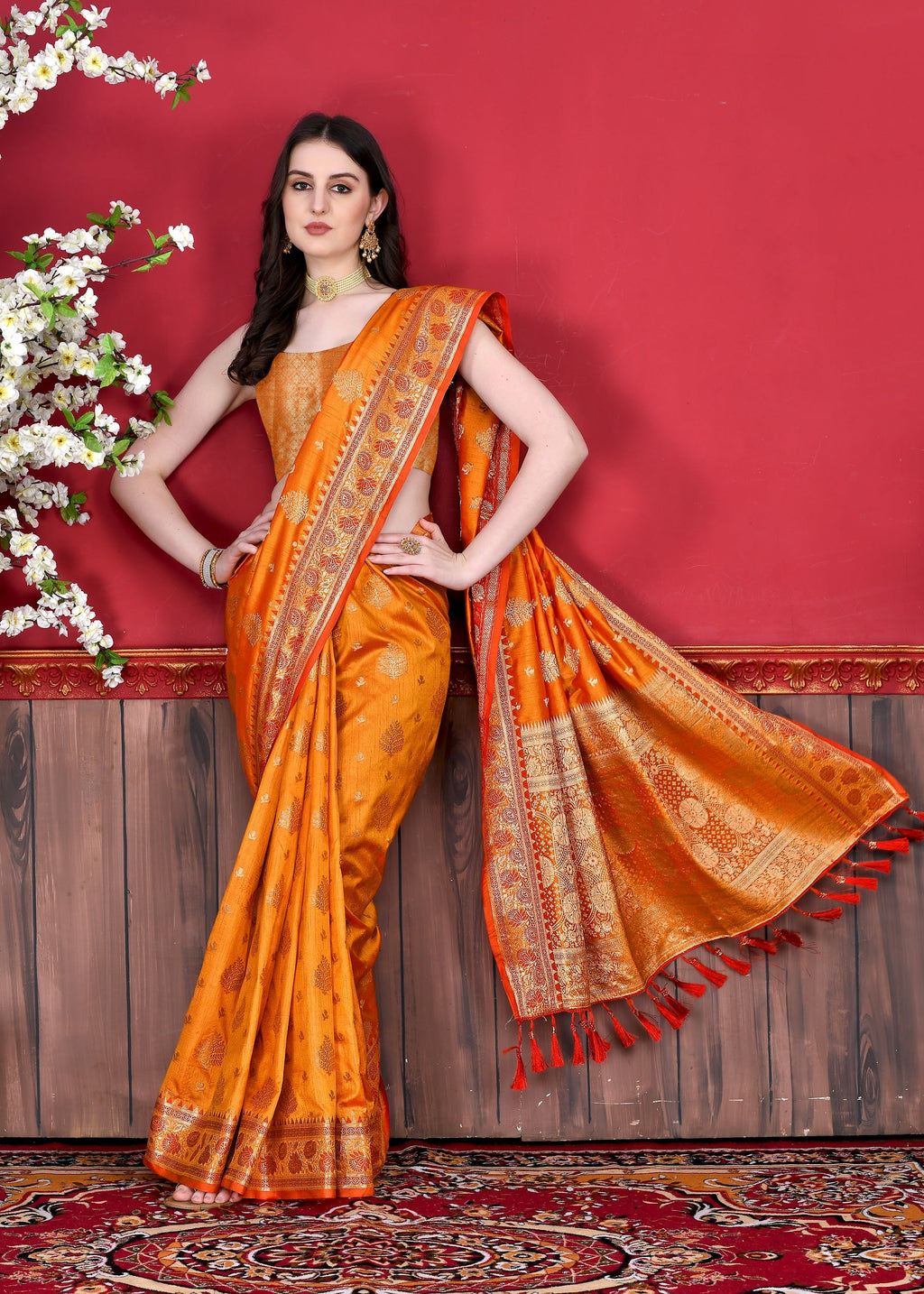 Vedant Vastram Soft Litchi Silk Kanjeevaram Saree - Orange | Grocsy