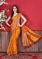 Vedant Vastram Soft Litchi Silk Kanjeevaram Saree - Orange | Grocsy