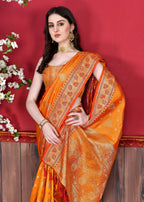 Vedant Vastram Soft Litchi Silk Kanjeevaram Saree - Orange | Grocsy