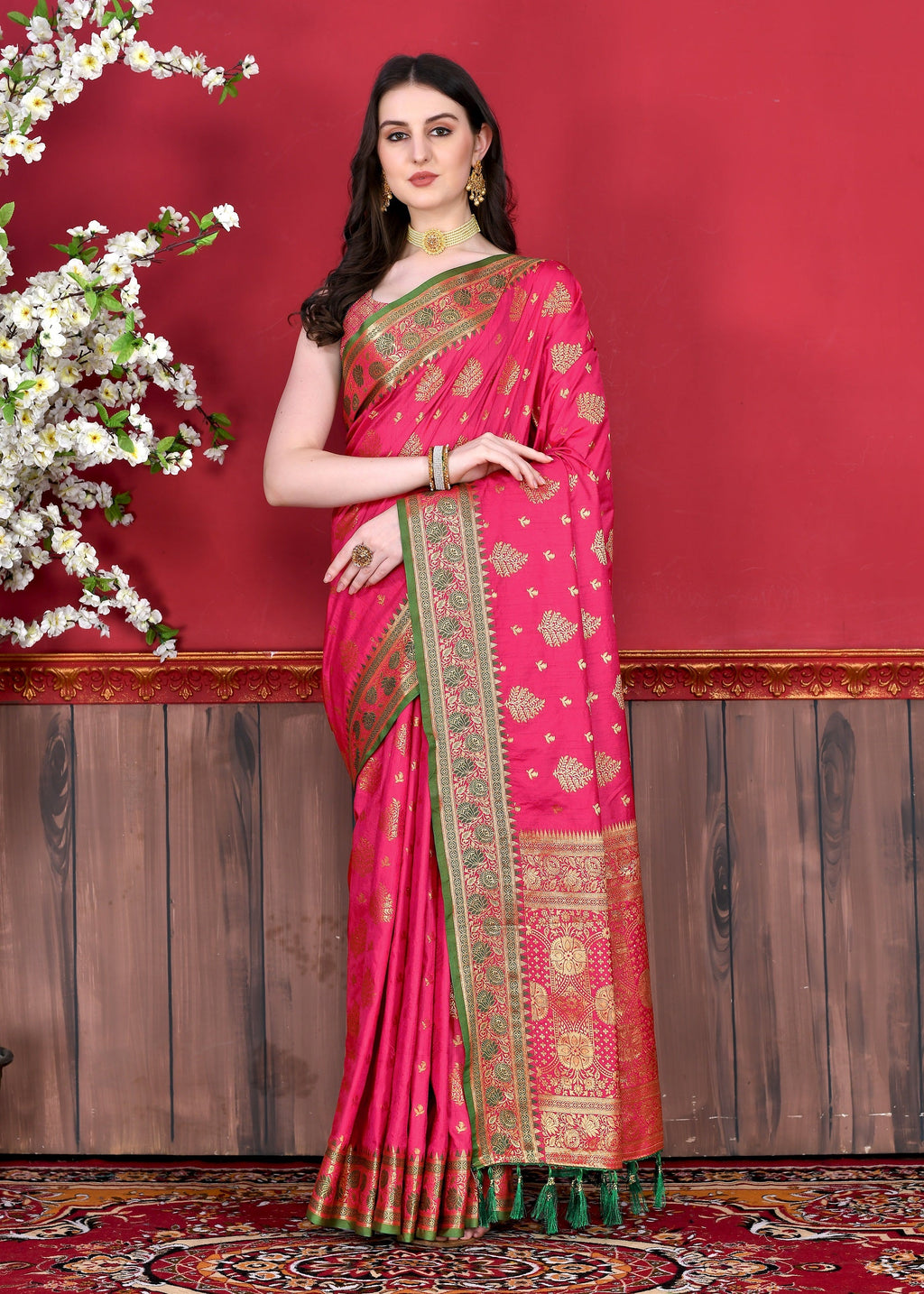 Vedant Vastram Soft Litchi Silk Kanjeevaram Saree - Pink | Grocsy