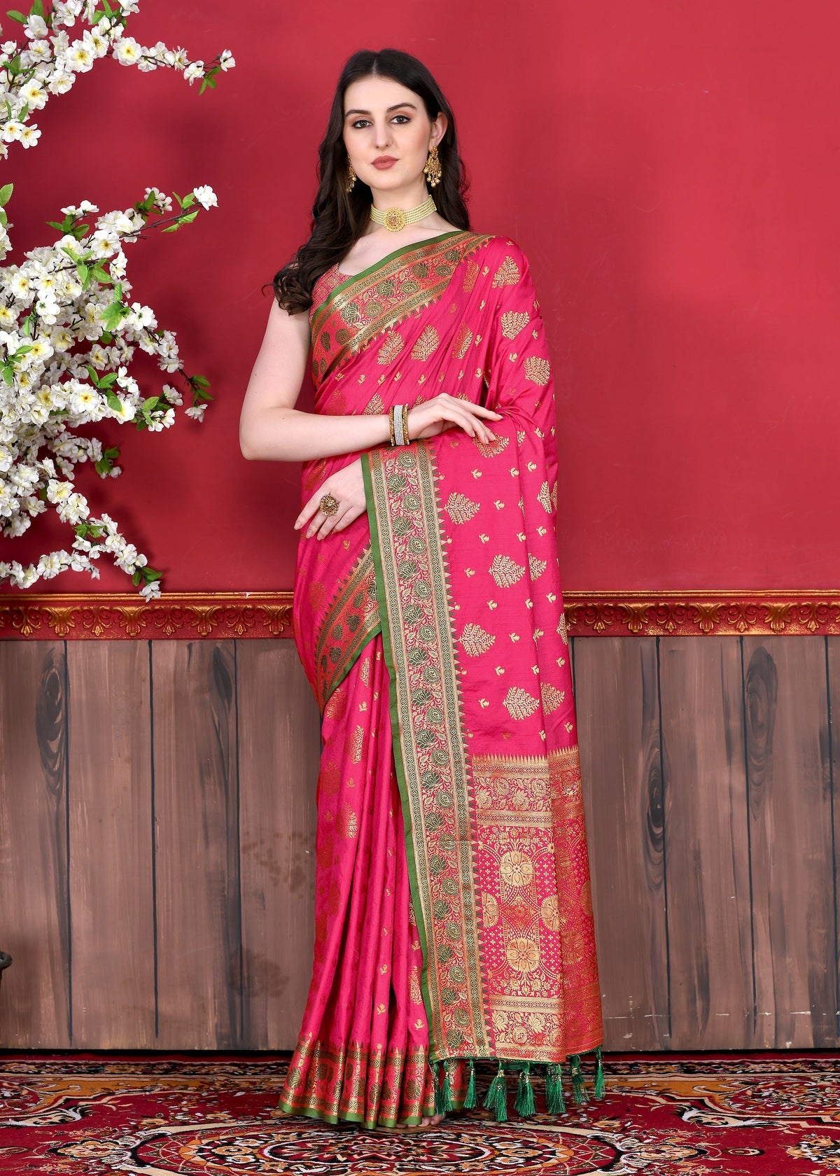 Vedant Vastram Soft Litchi Silk Kanjeevaram Saree - Pink | Grocsy