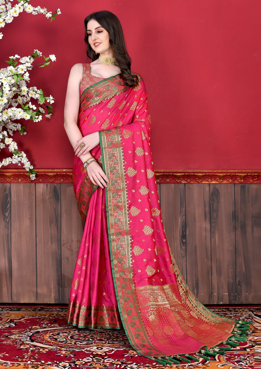 Vedant Vastram Soft Litchi Silk Kanjeevaram Saree - Pink | Grocsy