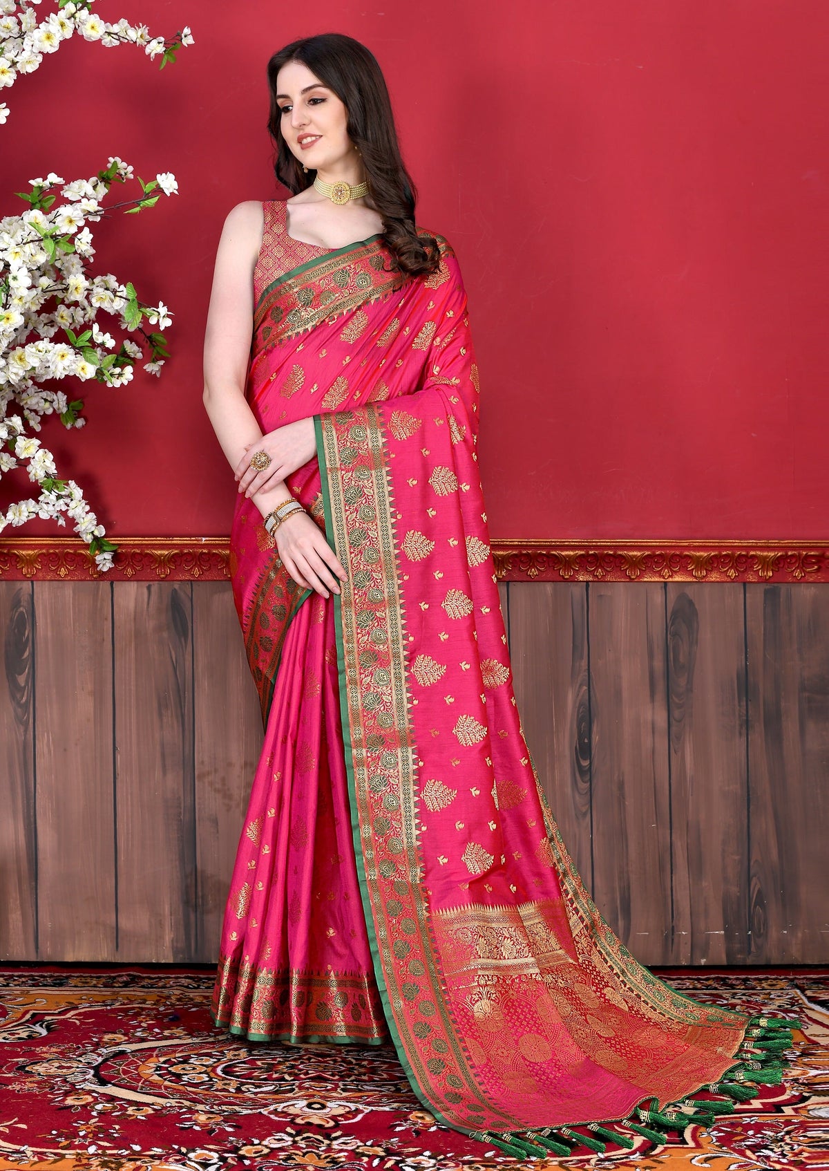 Vedant Vastram Soft Litchi Silk Kanjeevaram Saree - Pink | Grocsy