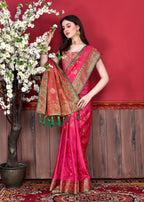 Vedant Vastram Soft Litchi Silk Kanjeevaram Saree - Pink | Grocsy