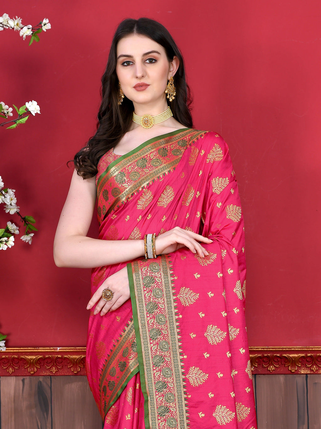 Vedant Vastram Soft Litchi Silk Kanjeevaram Saree - Pink | Grocsy