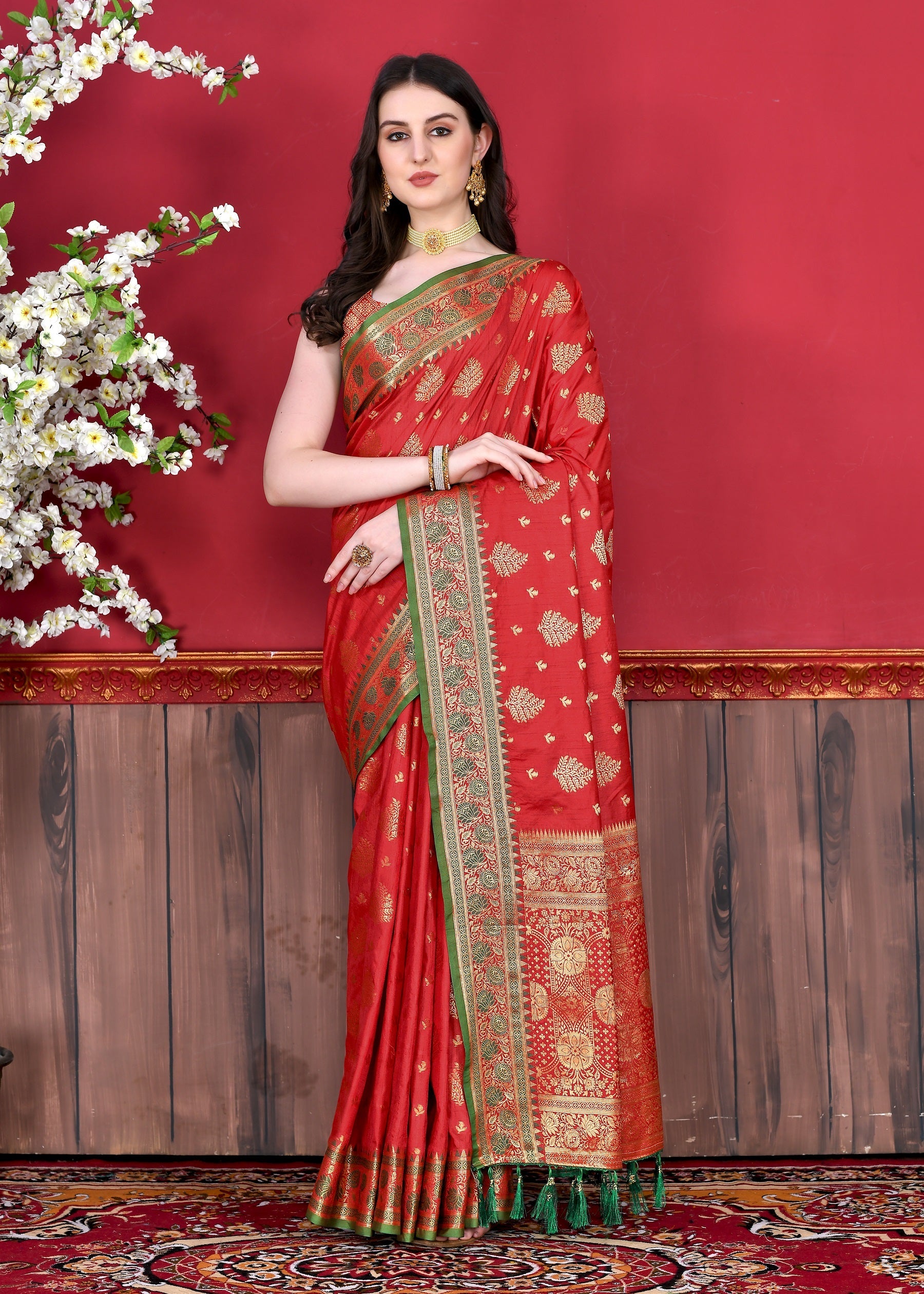 Vedant Vastram Soft Litchi Silk Kanjeevaram Saree - Red | Grocsy