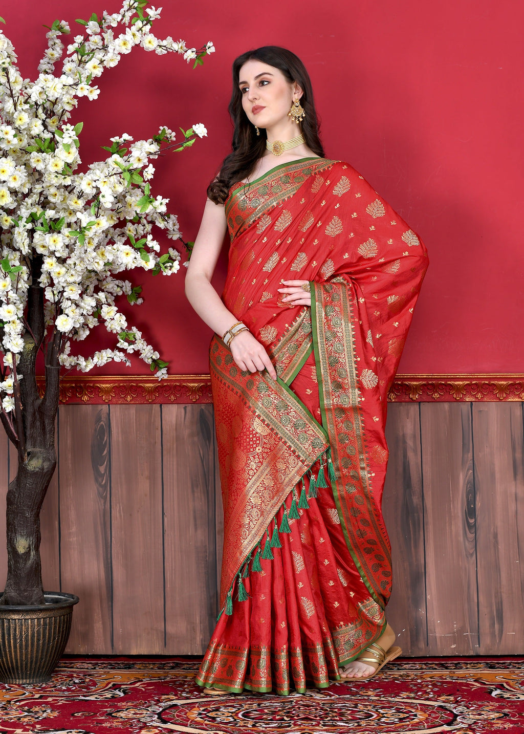 Vedant Vastram Soft Litchi Silk Kanjeevaram Saree - Red | Grocsy