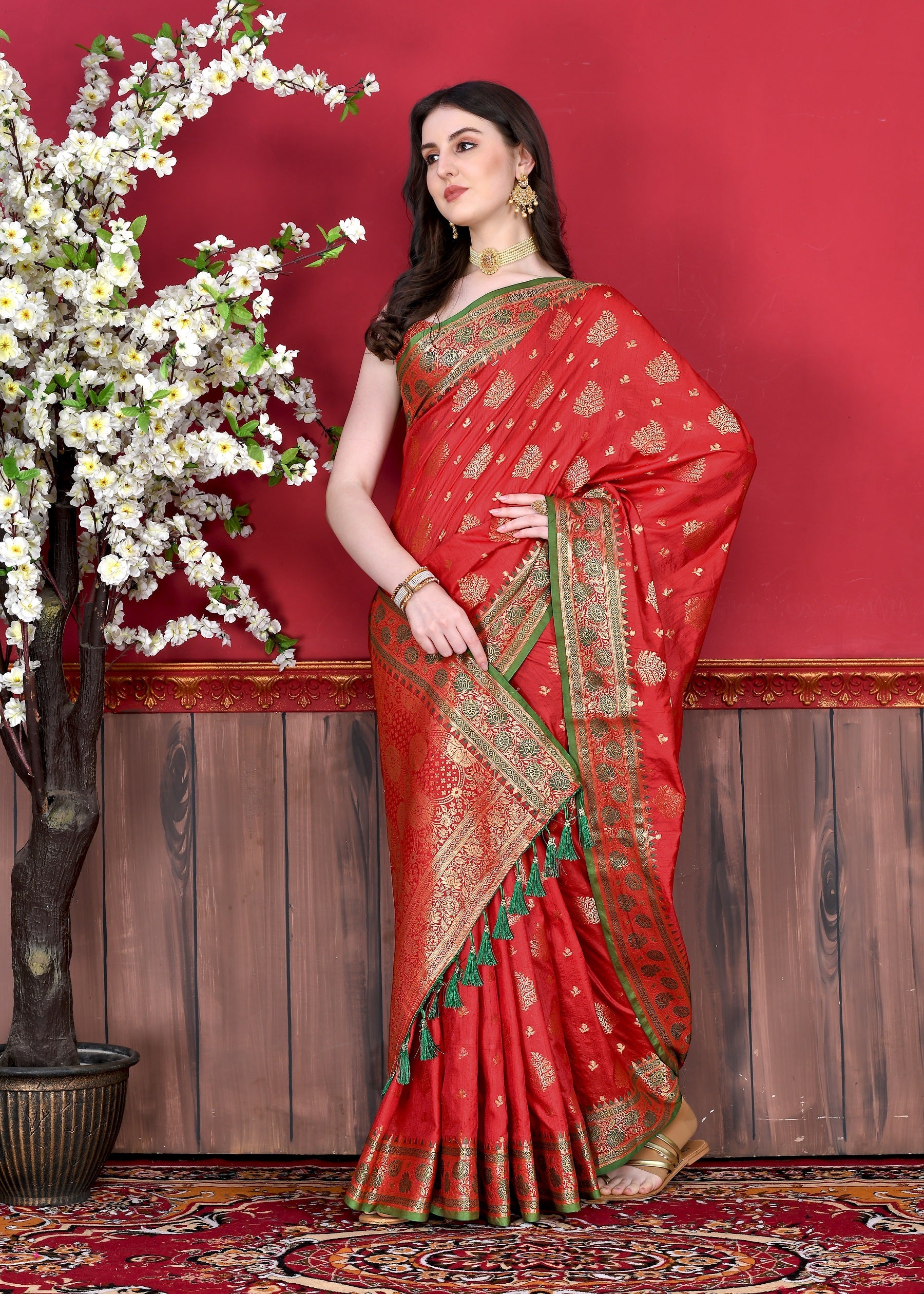 Vedant Vastram Soft Litchi Silk Kanjeevaram Saree - Red | Grocsy