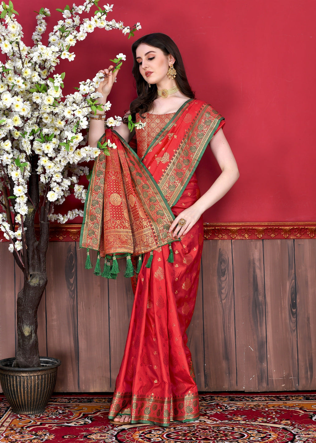 Vedant Vastram Soft Litchi Silk Kanjeevaram Saree - Red | Grocsy