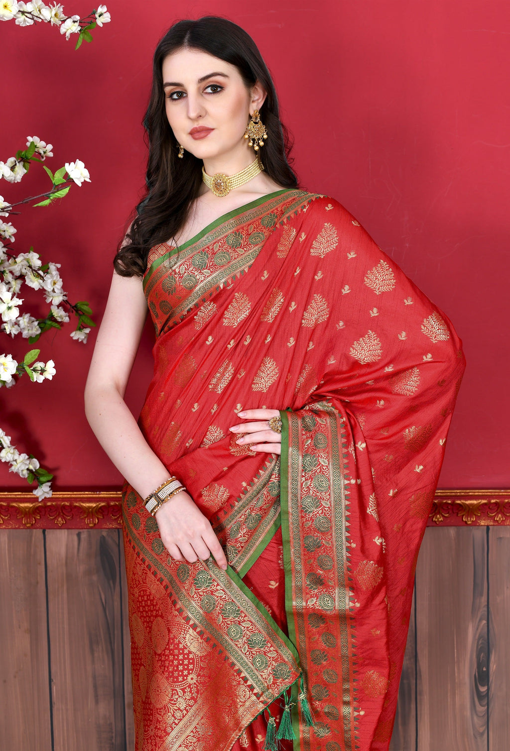 Vedant Vastram Soft Litchi Silk Kanjeevaram Saree - Red | Grocsy