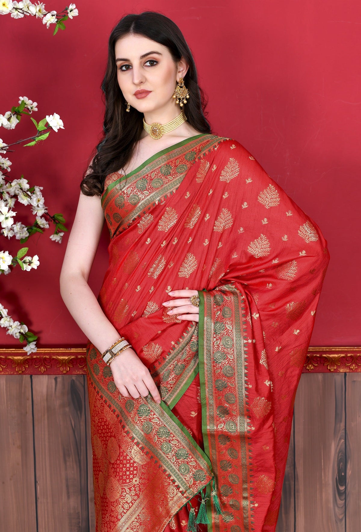 Vedant Vastram Soft Litchi Silk Kanjeevaram Saree - Red | Grocsy