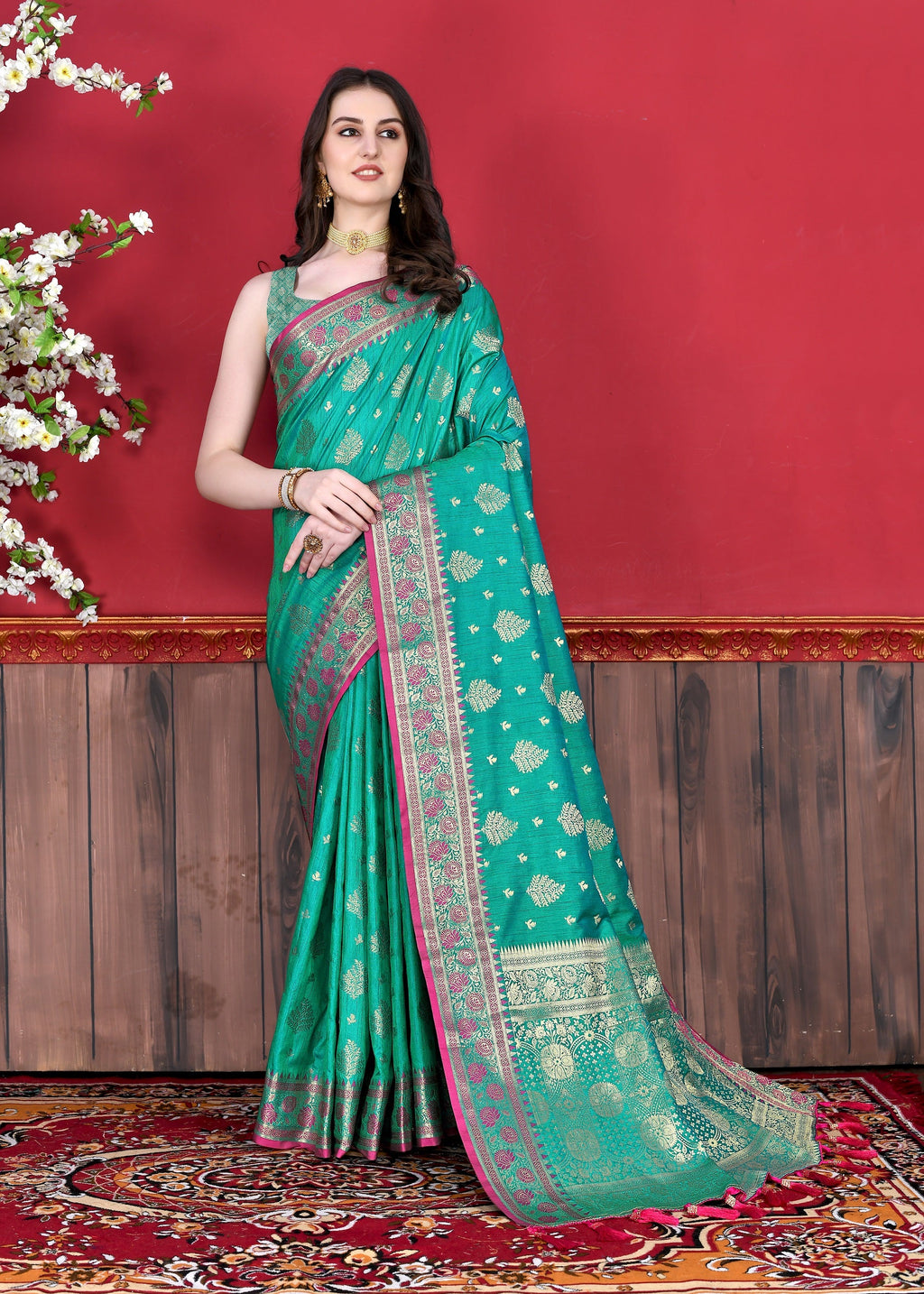 Vedant Vastram Soft Litchi Silk Kanjeevaram Saree - Seegreen | Grocsy