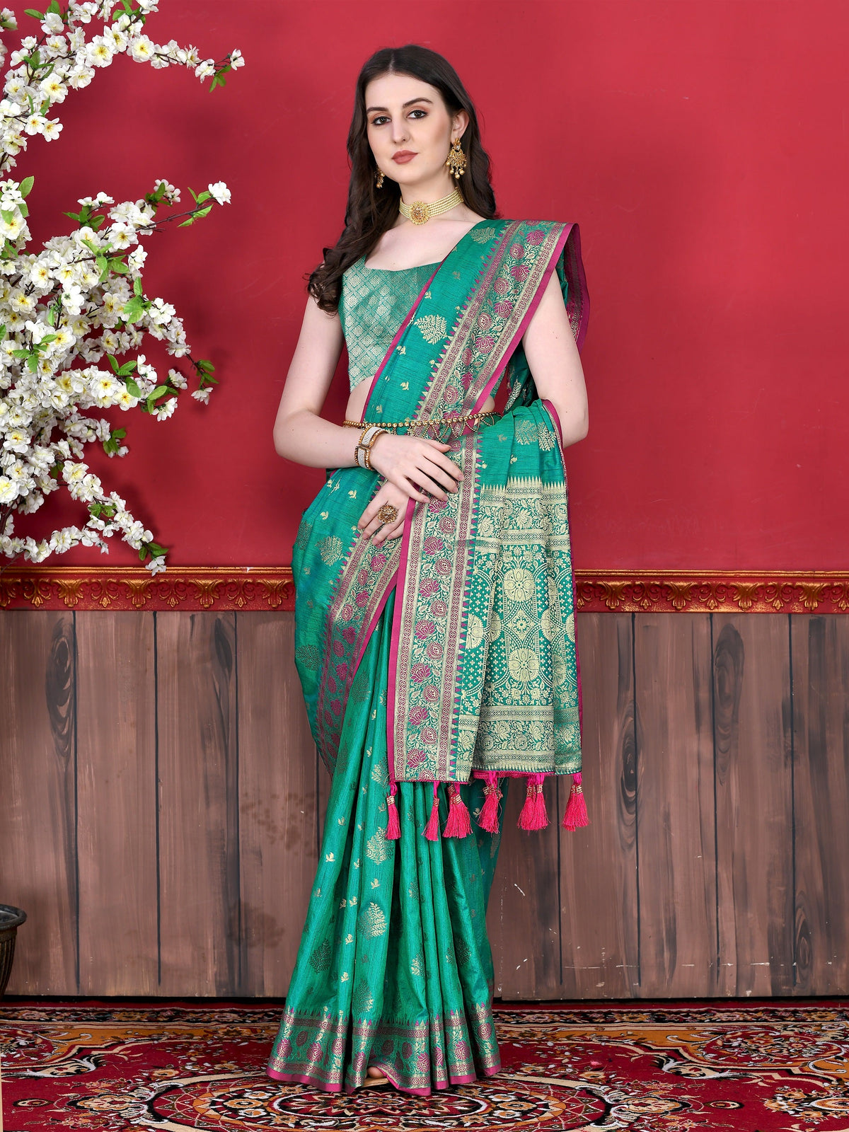 Vedant Vastram Soft Litchi Silk Kanjeevaram Saree - Seegreen | Grocsy