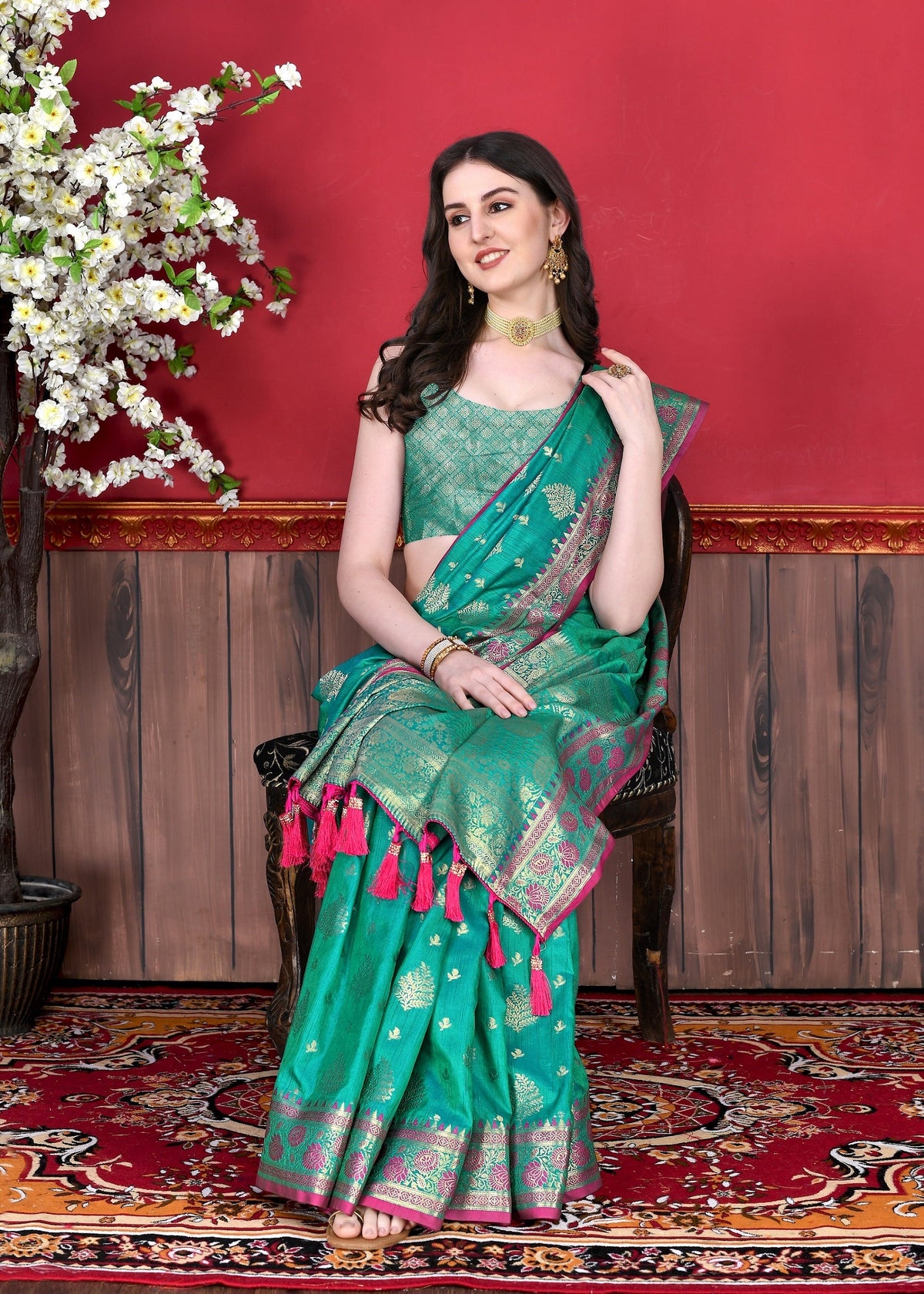 Vedant Vastram Soft Litchi Silk Kanjeevaram Saree - Seegreen | Grocsy