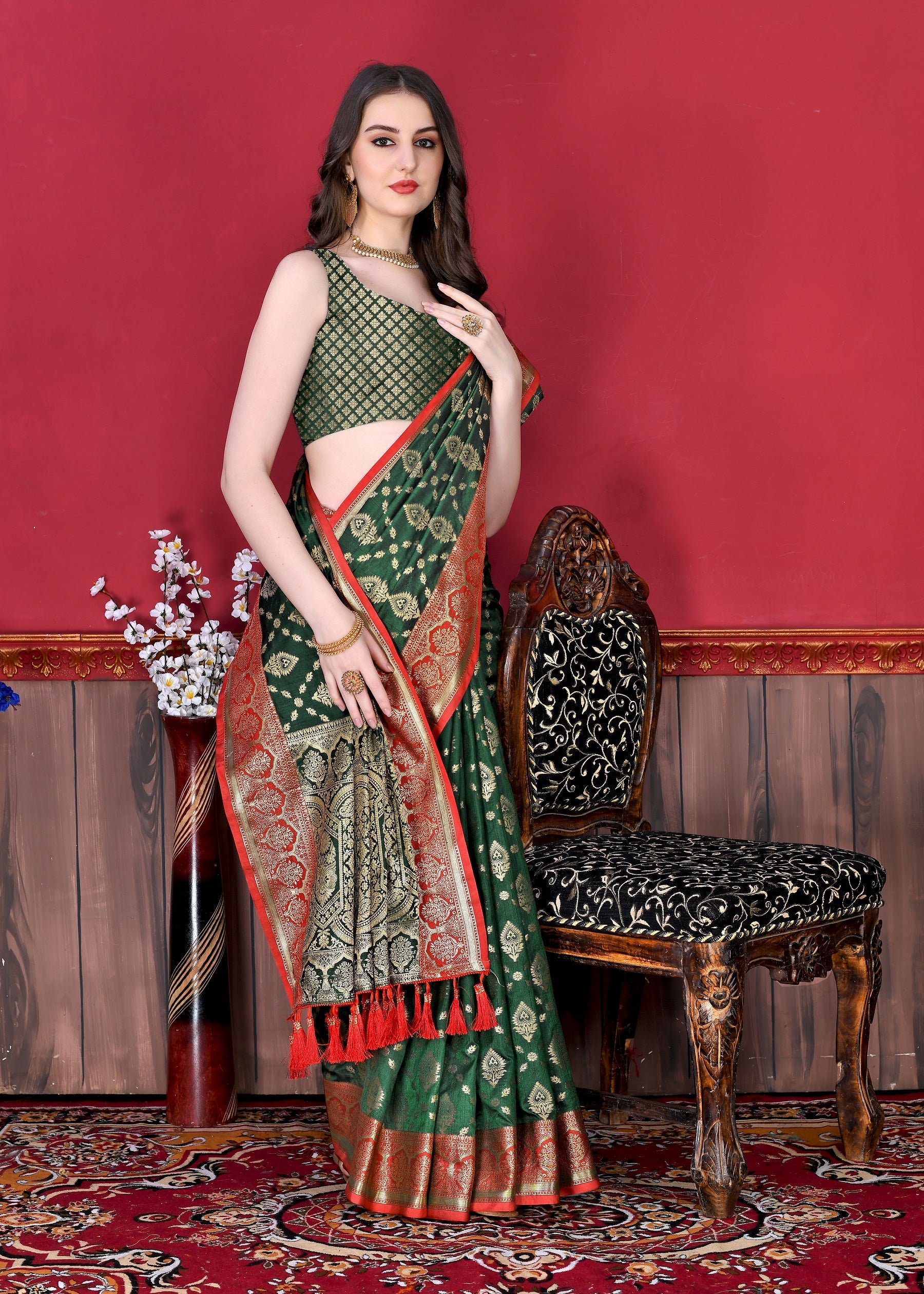 Vedant Vastram Soft Litchi Silk Kanjeevaram Saree - Bottle Green | Grocsy