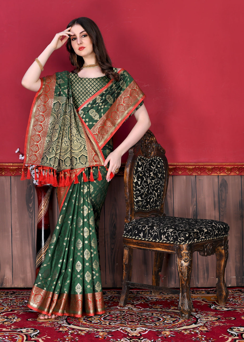Vedant Vastram Soft Litchi Silk Kanjeevaram Saree - Bottle Green | Grocsy