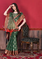 Vedant Vastram Soft Litchi Silk Kanjeevaram Saree - Bottle Green | Grocsy
