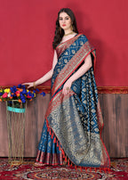 Vedant Vastram Soft Litchi Silk Kanjeevaram Saree - Navy | Grocsy