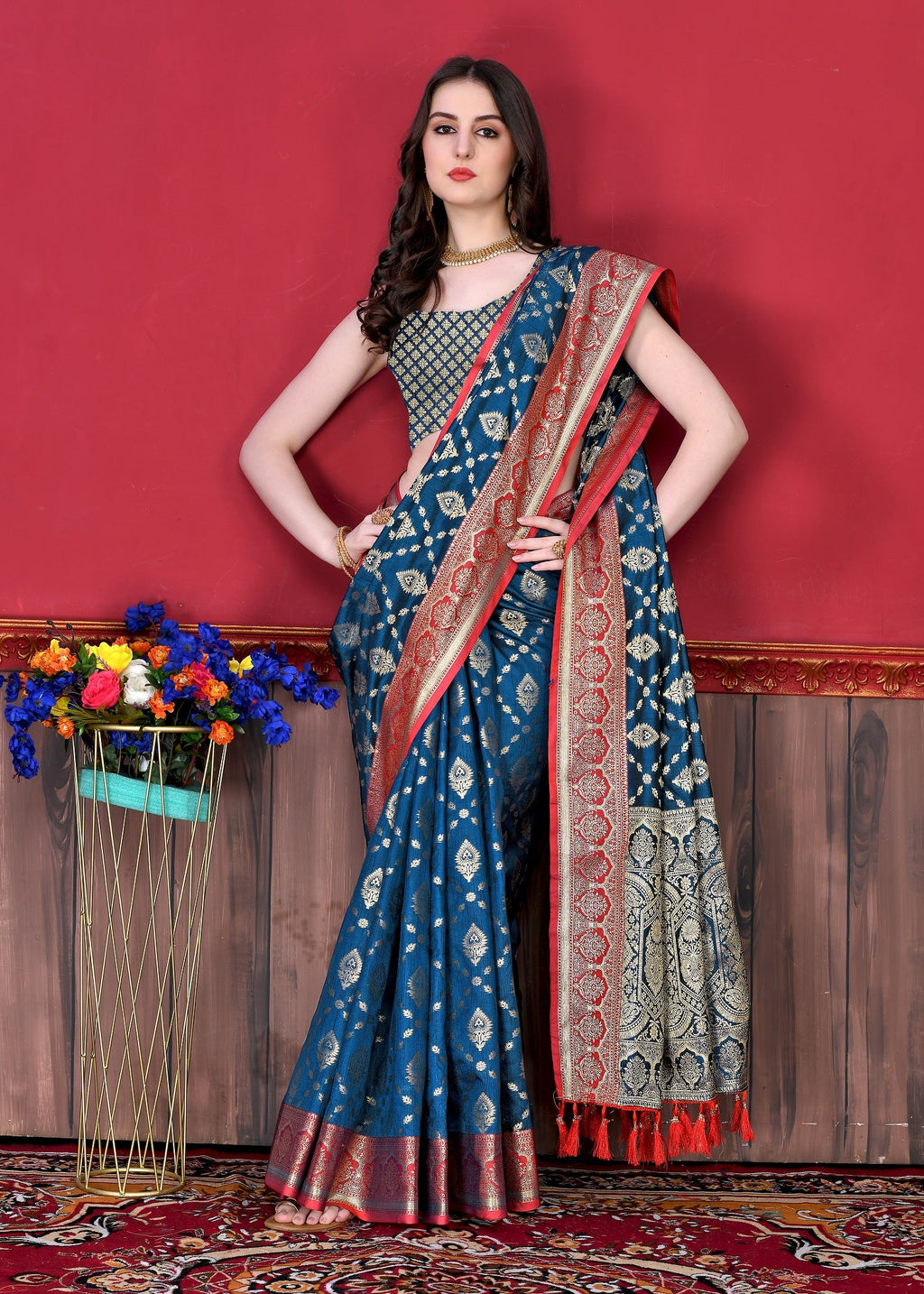 Vedant Vastram Soft Litchi Silk Kanjeevaram Saree - Navy | Grocsy