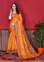 Vedant Vastram Soft Litchi Silk Kanjeevaram Saree - Orange | Grocsy