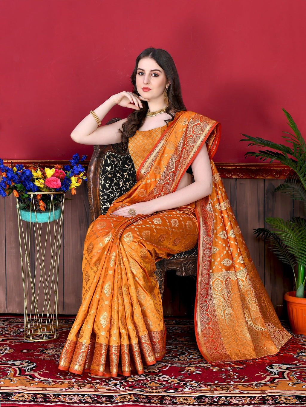Vedant Vastram Soft Litchi Silk Kanjeevaram Saree - Orange | Grocsy