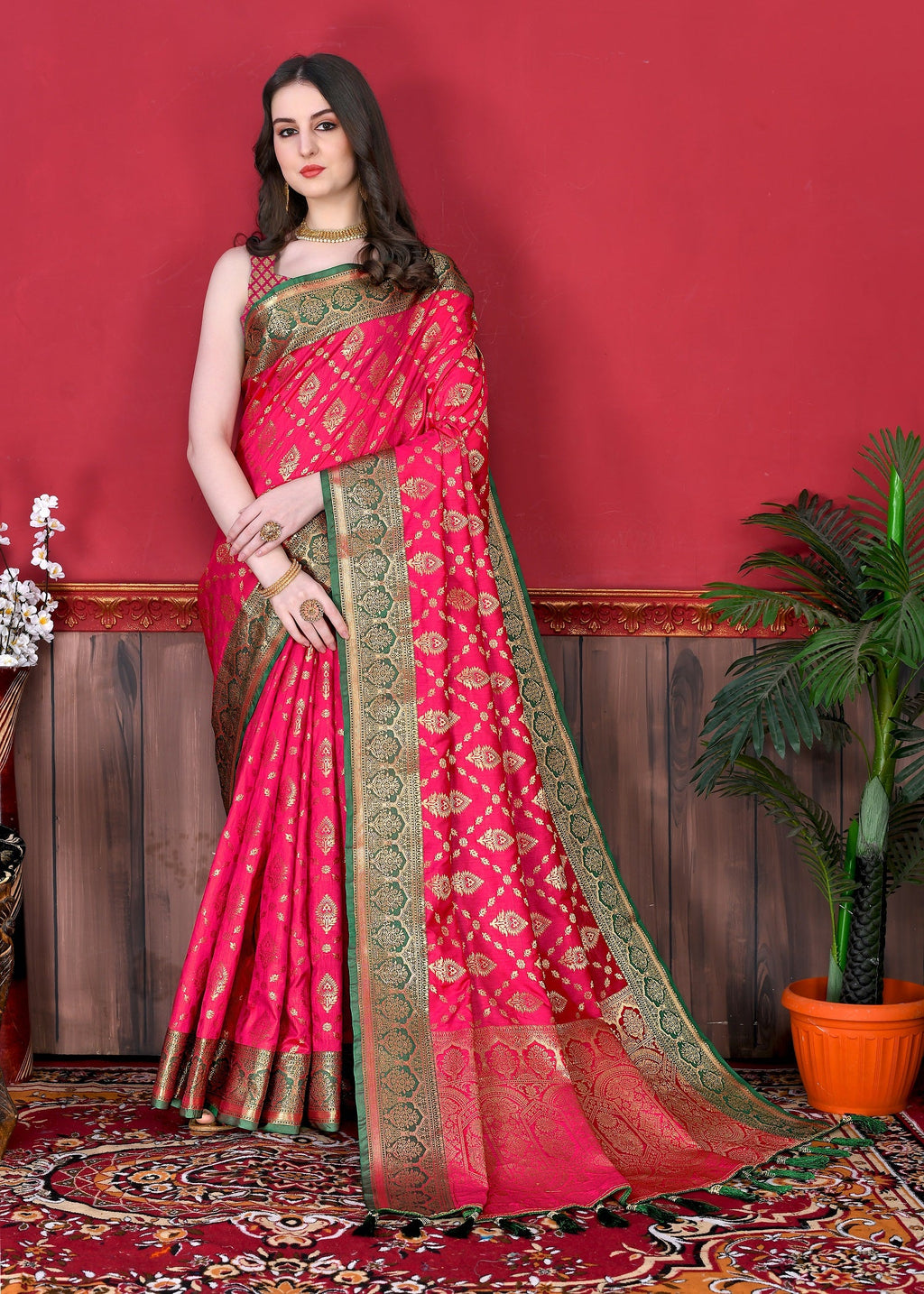 Vedant Vastram Soft Litchi Silk Kanjeevaram Saree - Pink | Grocsy