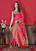 Vedant Vastram Soft Litchi Silk Kanjeevaram Saree - Pink | Grocsy