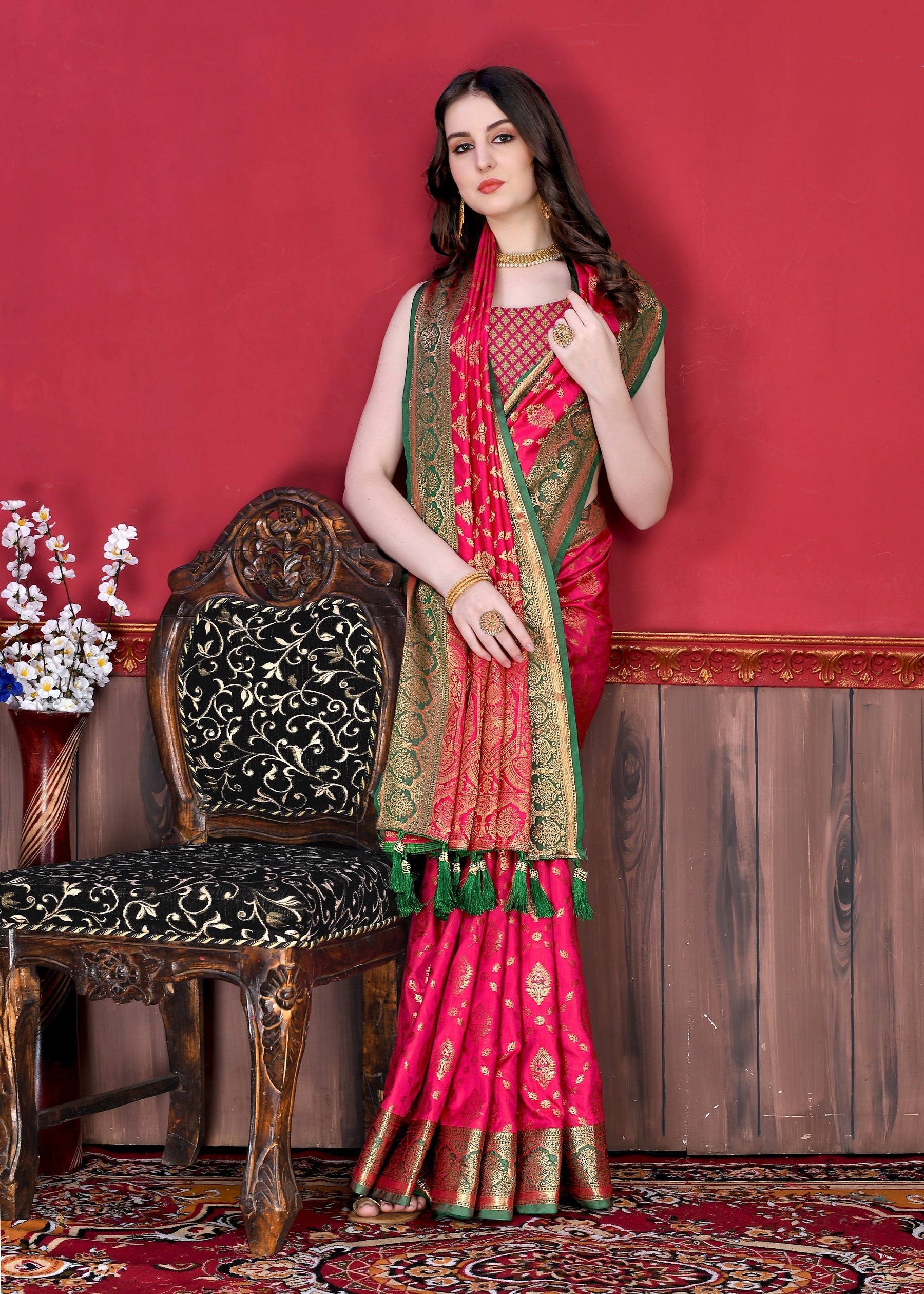 Vedant Vastram Soft Litchi Silk Kanjeevaram Saree - Pink | Grocsy