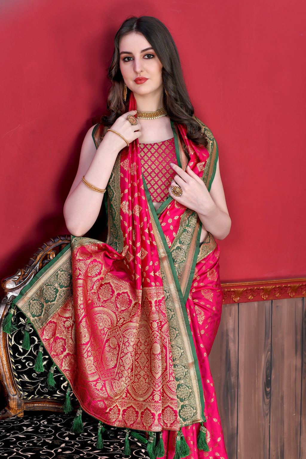Vedant Vastram Soft Litchi Silk Kanjeevaram Saree - Pink | Grocsy