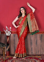 Vedant Vastram Soft Litchi Silk Kanjeevaram Saree - Red | Grocsy