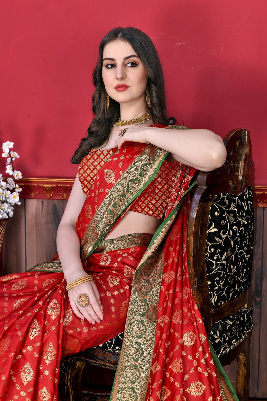 Vedant Vastram Soft Litchi Silk Kanjeevaram Saree - Red | Grocsy