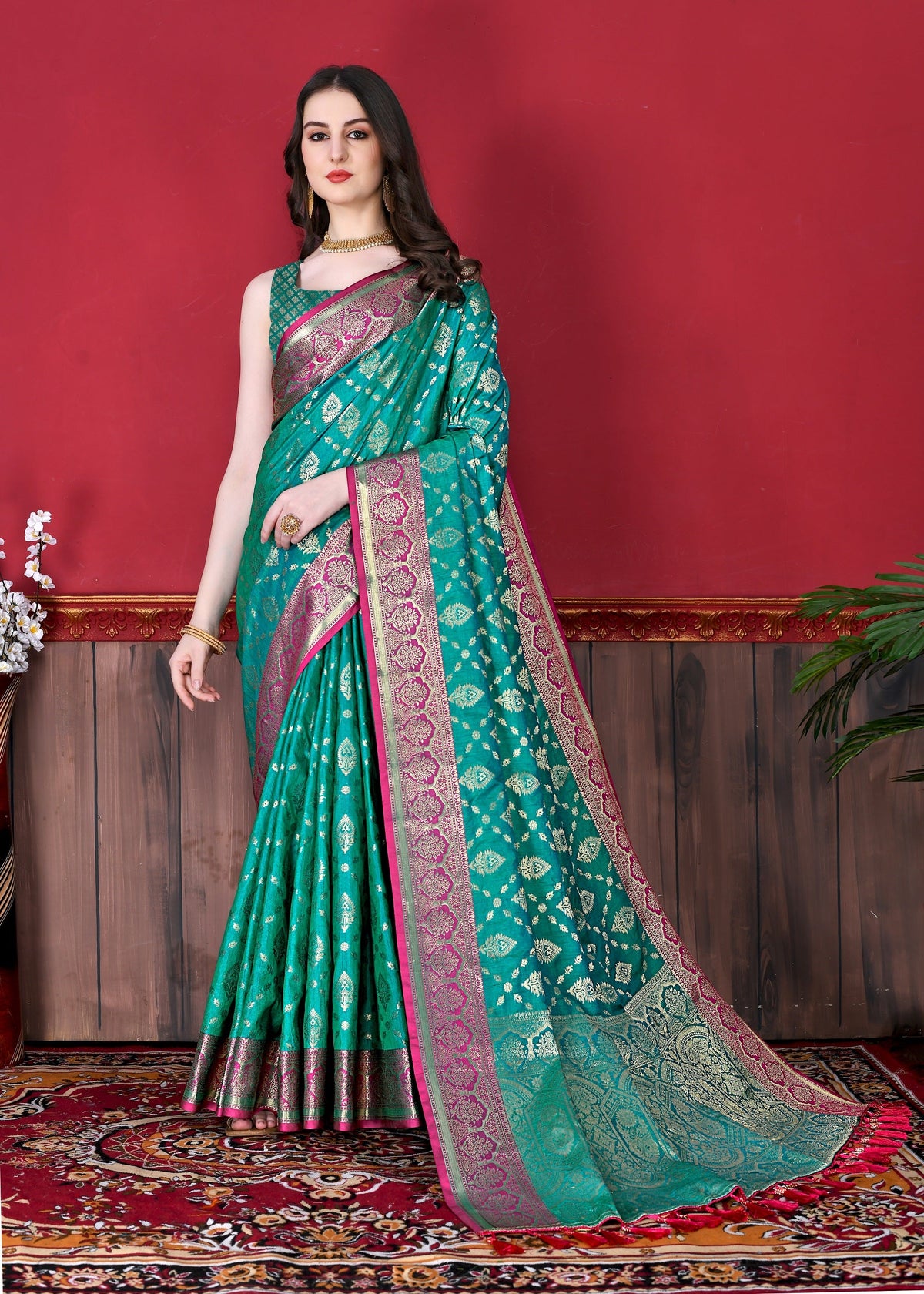 Vedant Vastram Soft Litchi Silk Kanjeevaram Saree - Seegreen | Grocsy