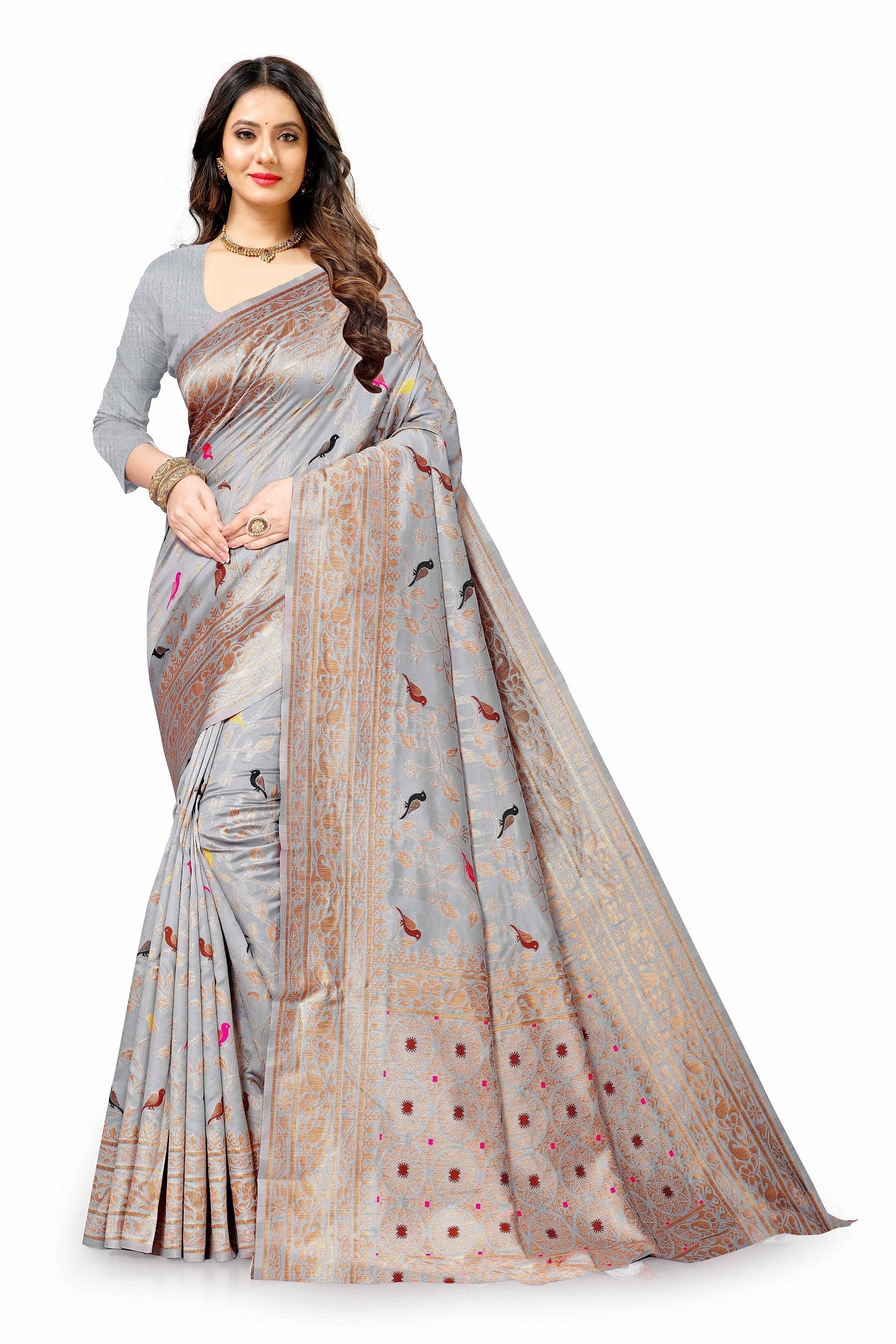 Vedant Vastram Soft Litchi Silk Kanjeevaram Saree - Grey | Grocsy