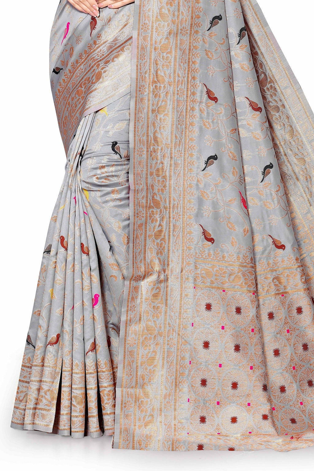Vedant Vastram Soft Litchi Silk Kanjeevaram Saree - Grey | Grocsy