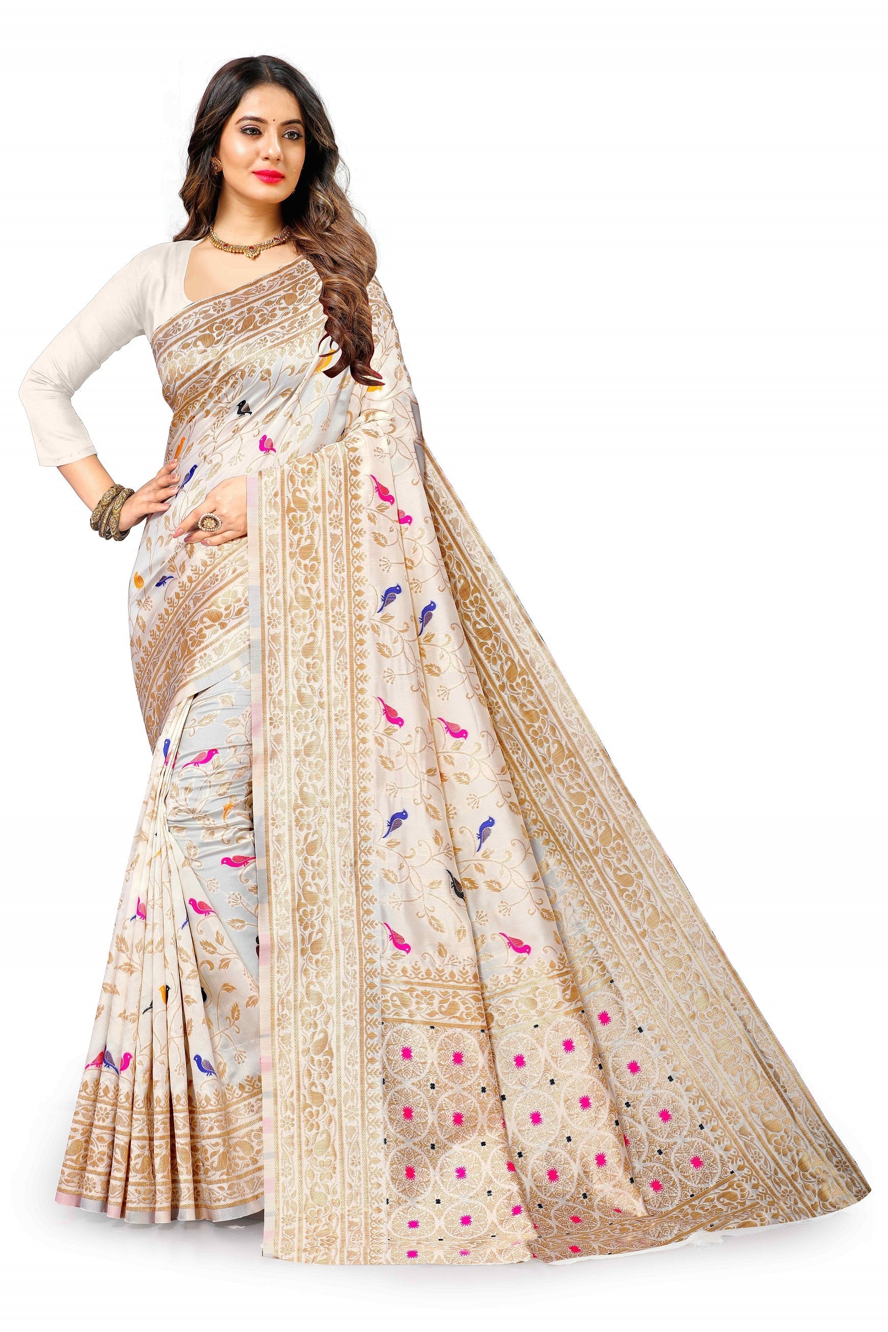 Vedant Vastram Soft Litchi Silk Kanjeevaram Saree - White | Grocsy
