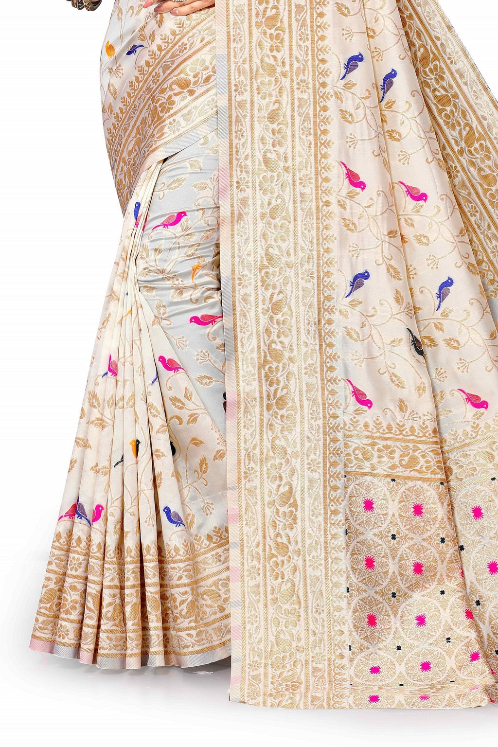 Vedant Vastram Soft Litchi Silk Kanjeevaram Saree - White | Grocsy