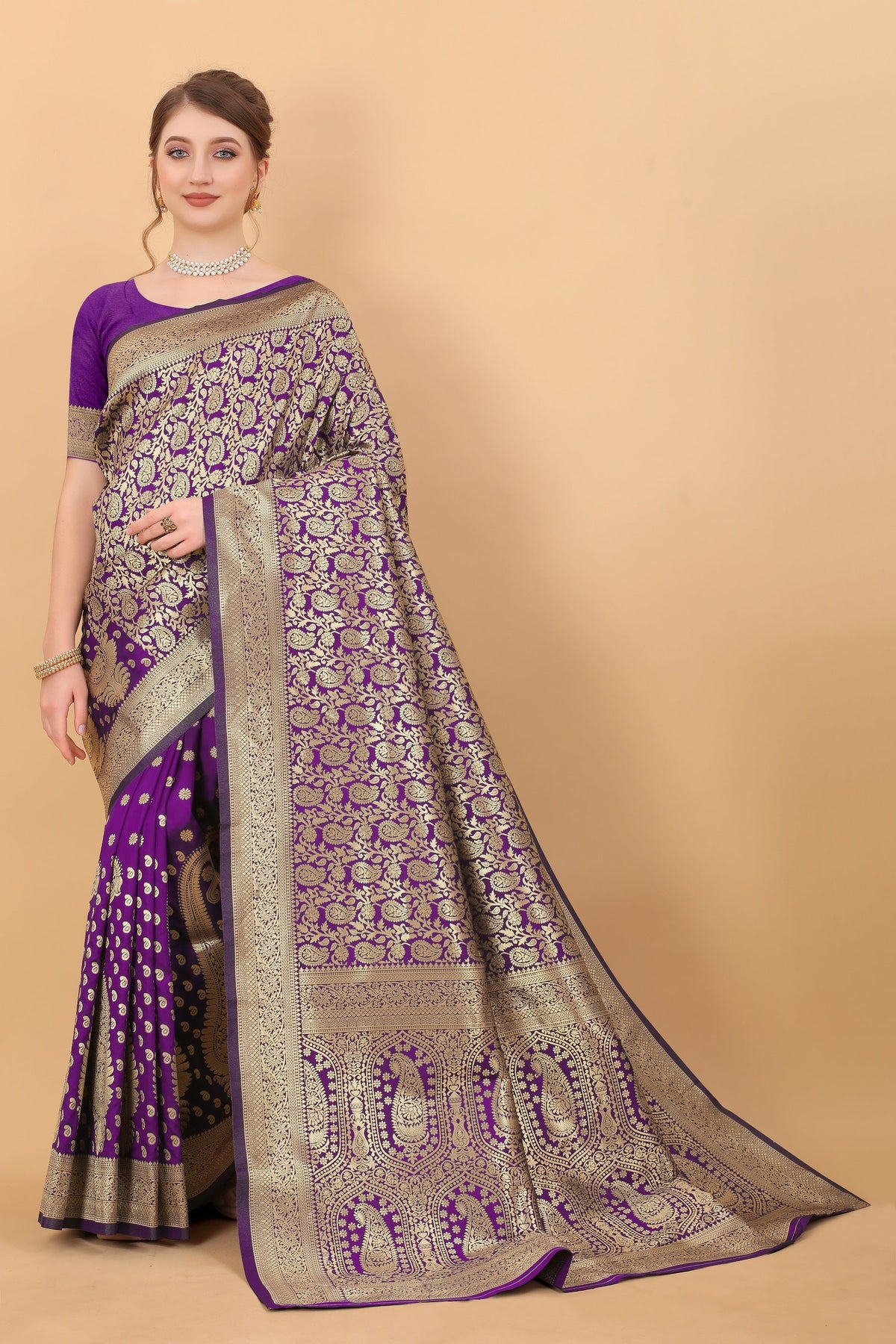 Vedant Vastram Soft Litchi Silk Kanjeevaram Saree - Violet | Grocsy