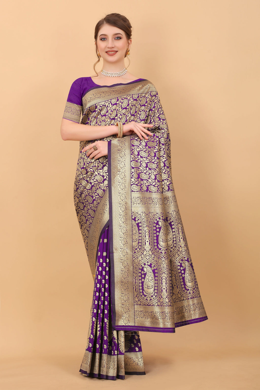 Vedant Vastram Soft Litchi Silk Kanjeevaram Saree - Violet | Grocsy
