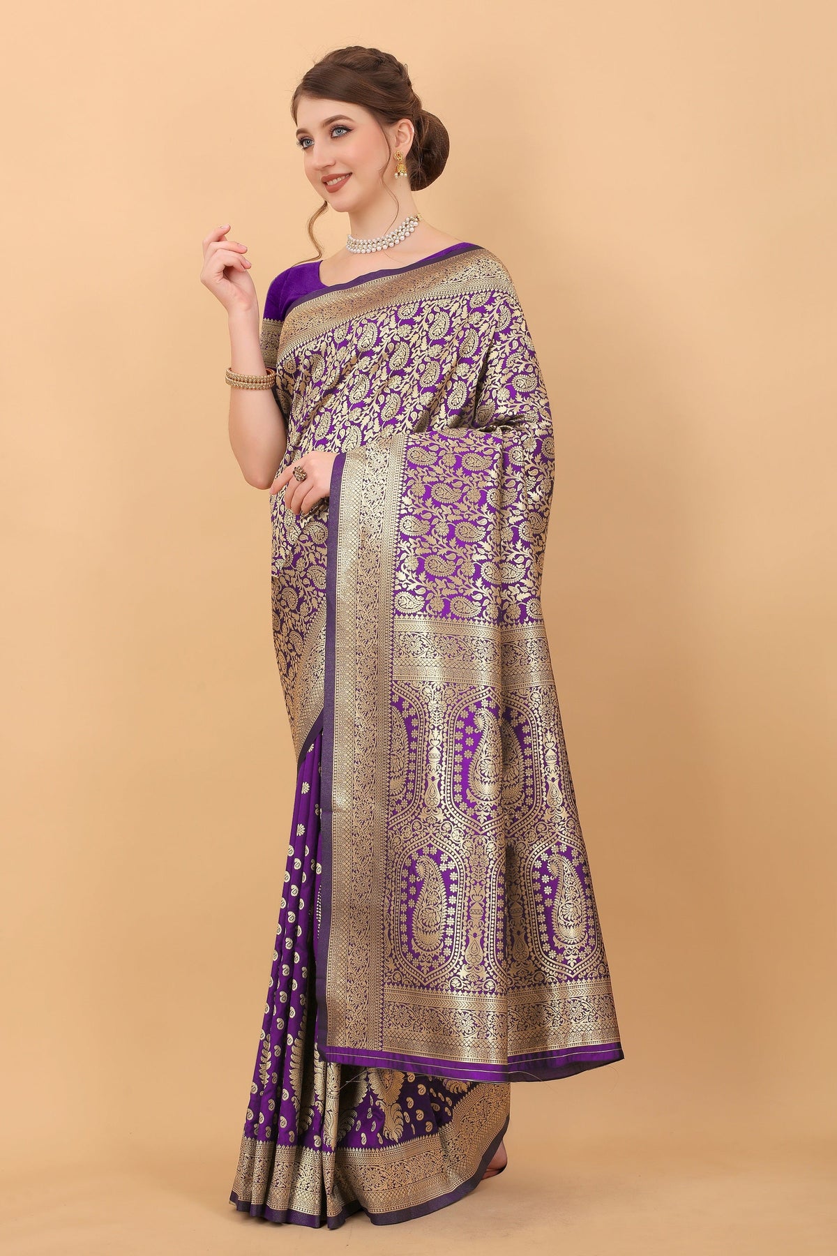 Vedant Vastram Soft Litchi Silk Kanjeevaram Saree - Violet | Grocsy